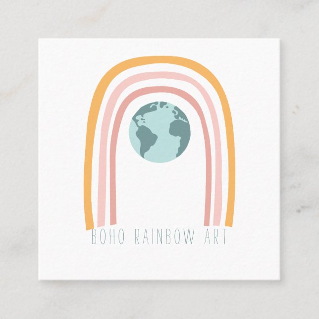 Boho Rainbow Art Earth Day Square Business Card (Front)