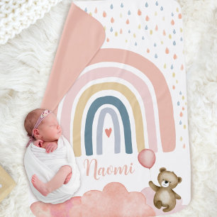 Boho Rainbow Baby Bear Pink Balloon and Raindrops Baby Blanket
