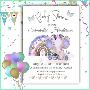 Boho Rainbow Baby Elephant Baby Shower Invitation