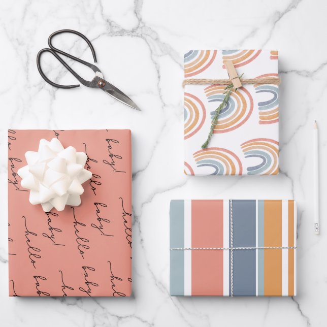 Boho Rainbow Baby Gender Neutral "Hello Baby" Wrap Wrapping Paper Sheets (Front)