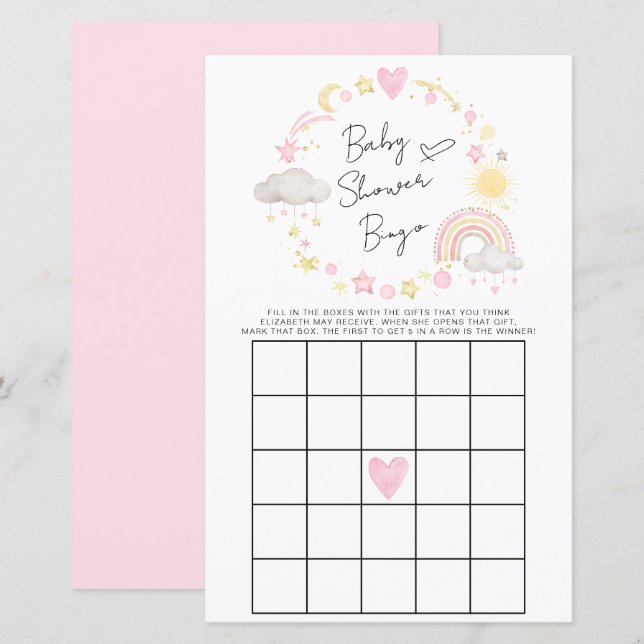 Boho Rainbow Baby Girl Shower Bingo Game (Front/Back)