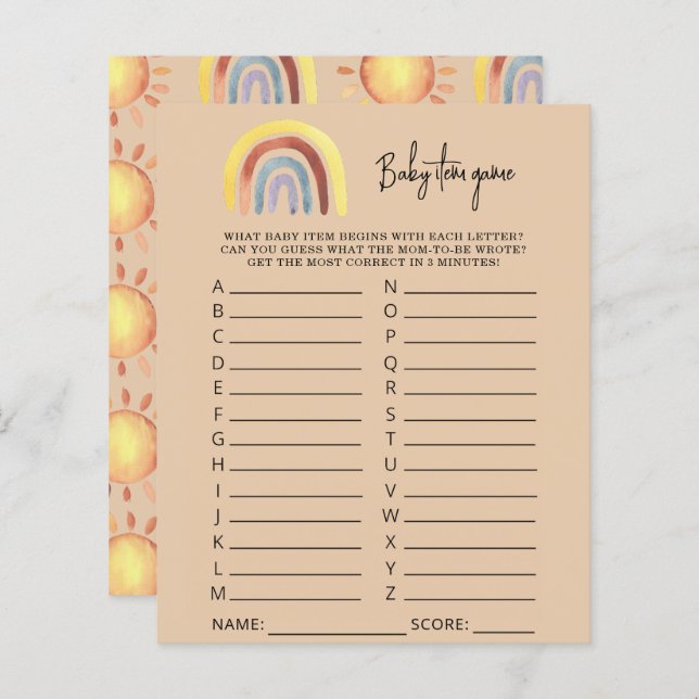 Boho Rainbow Baby Item Game. Baby Shower Game (Front/Back)