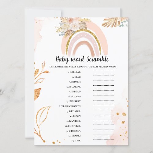 Boho Rainbow Baby scramble word Baby shower game Card