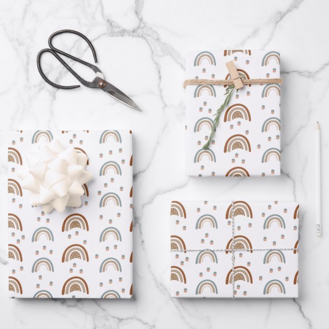 Boho Rainbow Baby Shower Beige Terracotta Green  W Wrapping Paper Sheets (Front)