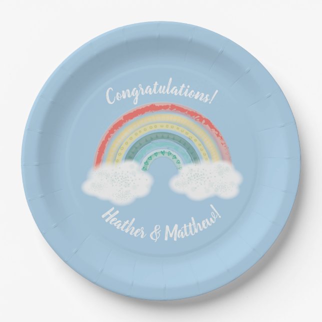 Boho Rainbow Baby Shower Blue Boy Paper Plates (Front)