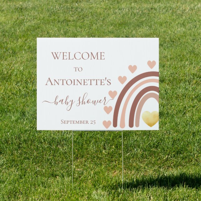 Boho Rainbow Baby Shower Blush Beige Hearts Sign (Insitu)