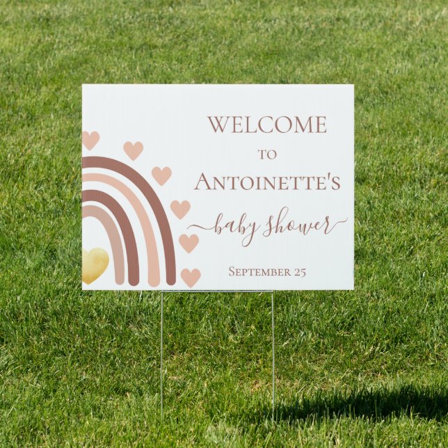 Boho Rainbow Baby Shower Blush Hearts Yard Sign (Insitu)