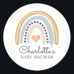 Boho Rainbow Baby Shower Classic Round Sticker<br><div class="desc">Modern adorable boho pastel rainbow watercolor baby shower sticker, simple and sweet, with a small pink heart center and pinks, blues and mustard hues. A perfect style for any gender baby shower. Muted soft colors. See the full collection of matching products for this design at: https://www.zazzle.com/collections/boho_rainbow_watercolor_baby_shower-119574368006244004. If you need help...</div>