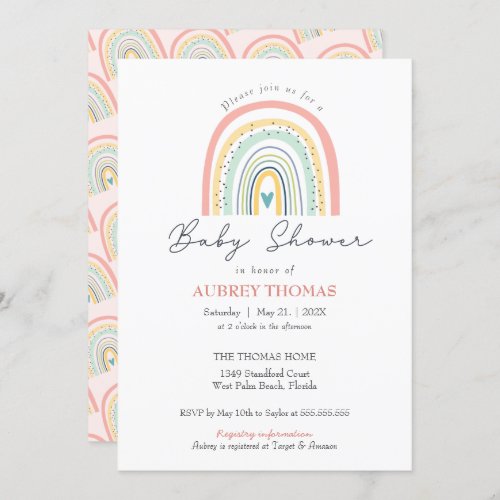 Boho Rainbow Baby Shower Hand Drawn Heart Invitation