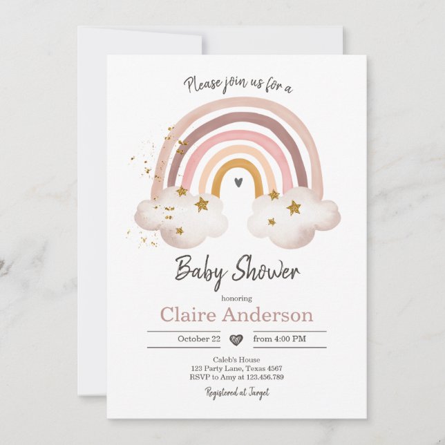 Boho Rainbow Baby Shower Invitation Girl Rustic (Front)
