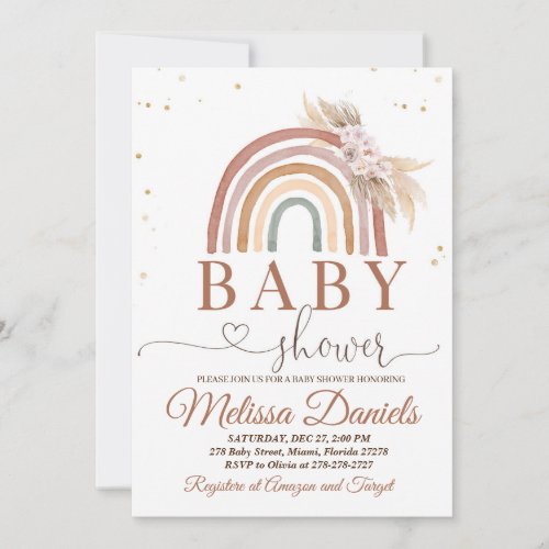 Boho Rainbow Baby Shower Invitation Pink Pampas