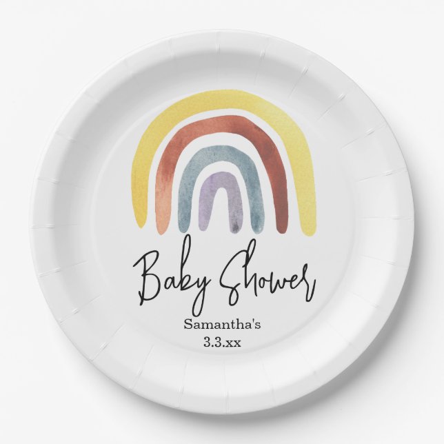Boho rainbow baby shower paper plates (Front)