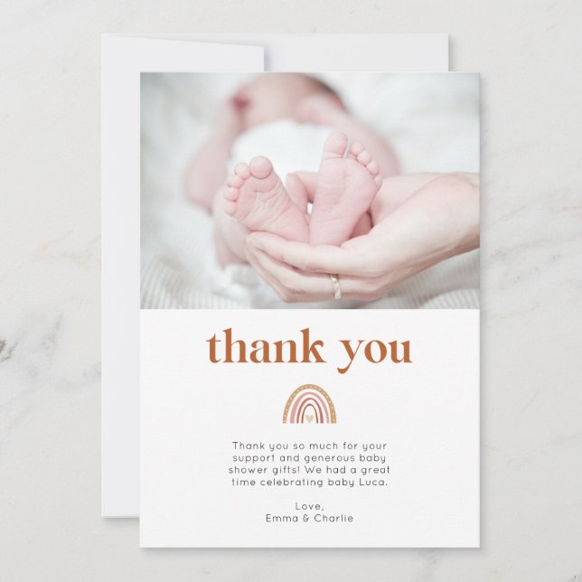 Boho Rainbow Baby Shower Photo Thank You Card (Front)