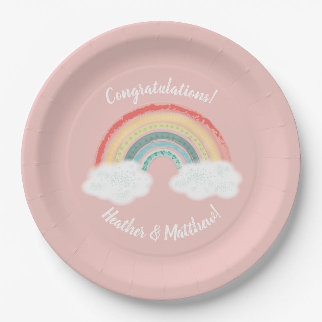 Boho Rainbow Baby Shower Pink Paper Plates (Front)