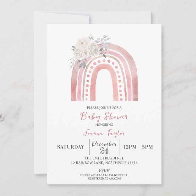 Boho Rainbow Baby Shower, White Roses Invitation (Front)