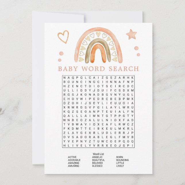 Boho Rainbow Baby Shower Word Search Game Invitation (Front)