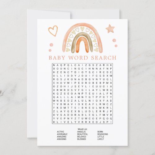 Boho Rainbow Baby Shower Word Search Game Invitation