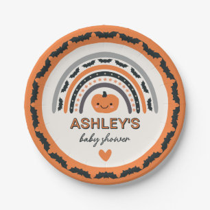 Boho Rainbow Bats Orange Halloween Baby Shower Paper Plates