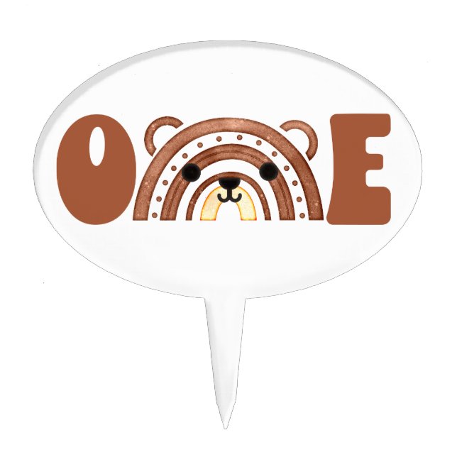 Boho Rainbow Bear First Birthday Woodland Cake Topper (Front)