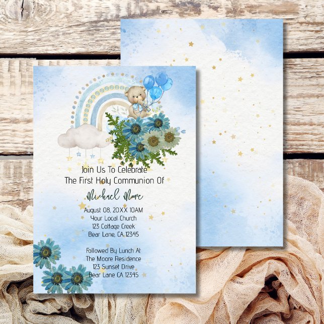Boho Rainbow Bear First Holy Communion Invitation (Creator Uploaded)