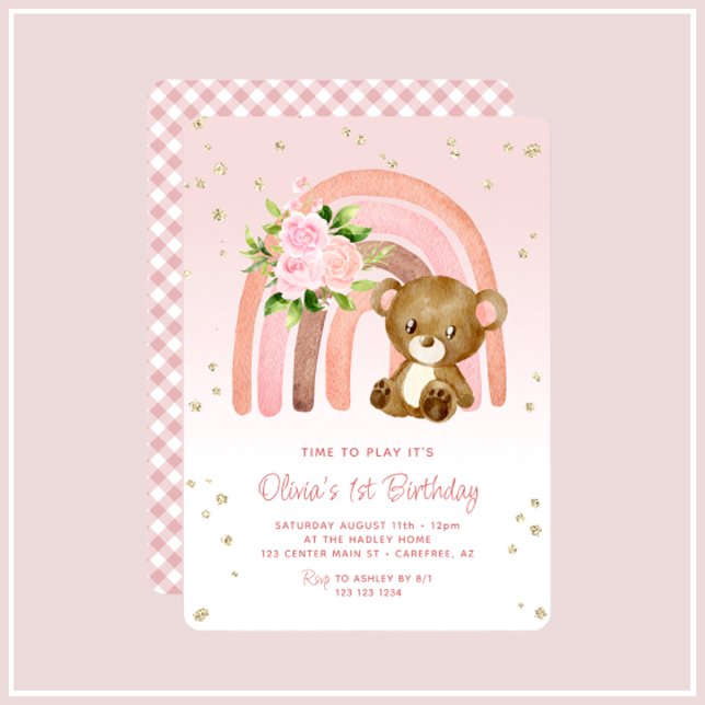 Boho Rainbow Bear Girl's 1st Birthday Invitation (Creator Uploaded)