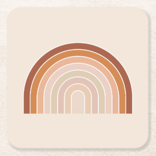 Boho Rainbow Beige Terracotta Square Paper Coaster