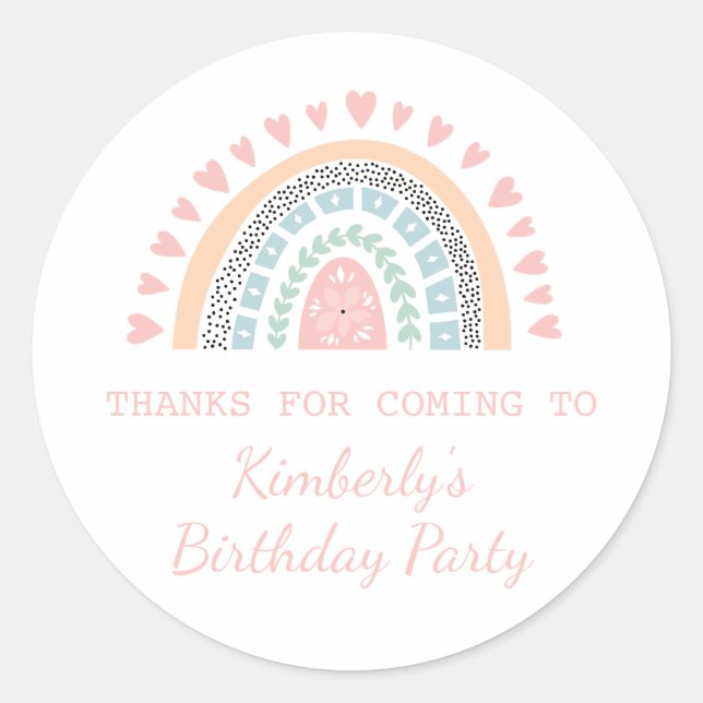 Boho Rainbow Birthday Favor Classic Round Sticker (Front)