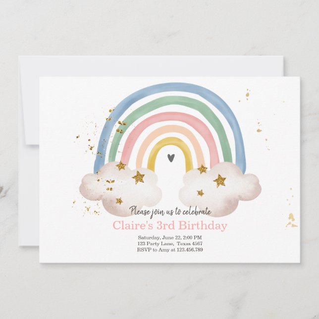 Boho Rainbow Birthday Invitation Girl Rustic (Front)
