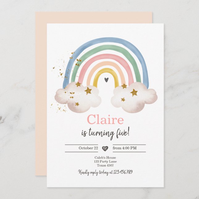 Boho Rainbow Birthday Invitation Girl Rustic (Front/Back)