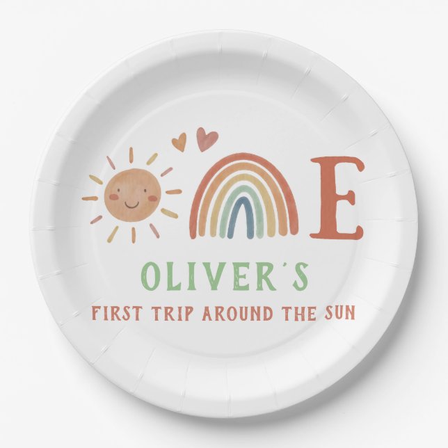 Boho Rainbow Birthday Party Paper Plates (Front)