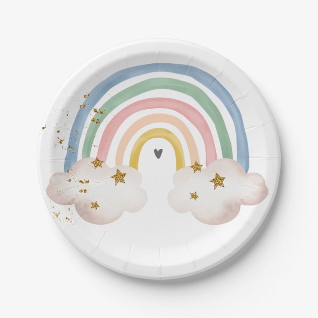 Boho Rainbow Birthday Pastel Modern Baby Shower Paper Plates (Front)