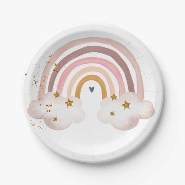 Boho Rainbow Birthday Pastel Modern Baby Shower Paper Plates (Front)