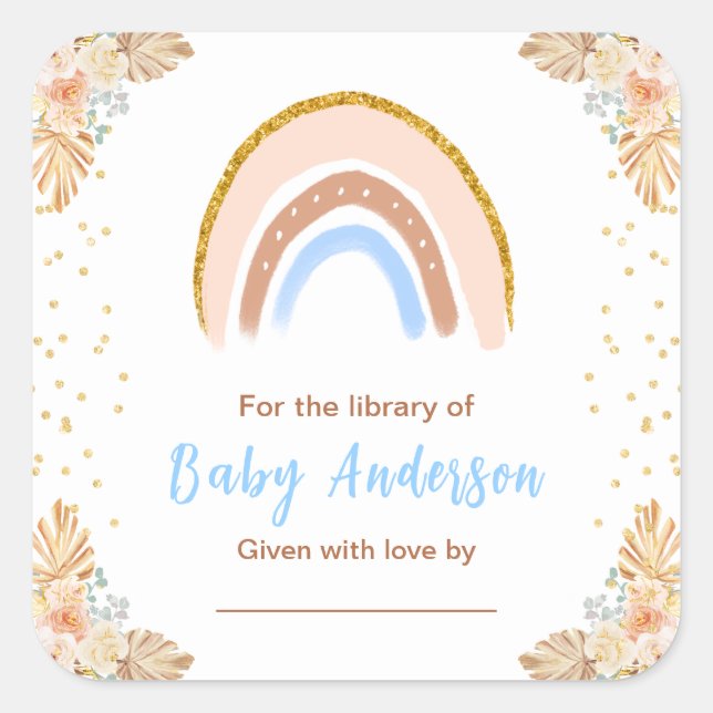Boho Rainbow Blue Baby Shower Bookplate (Front)
