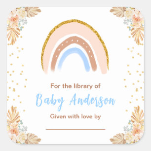 Boho Rainbow Blue Baby Shower Bookplate