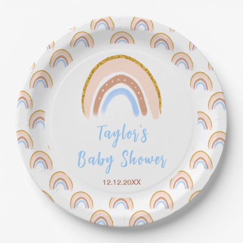 Boho Rainbow Blue Baby Shower Paper Plates