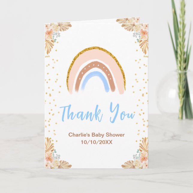 Boho Rainbow Blue Baby Shower Thank You (Front)