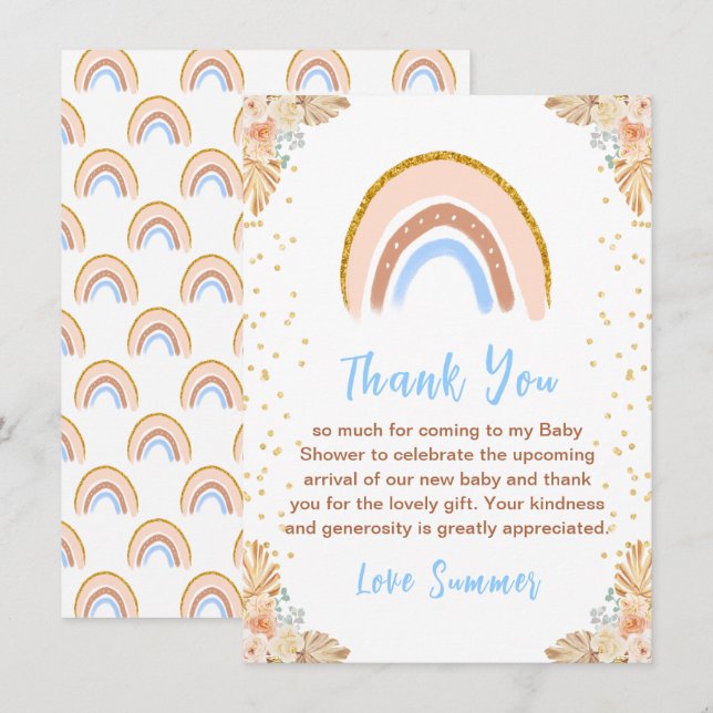 Boho Rainbow Blue Baby Shower Thank You Card (Front/Back)