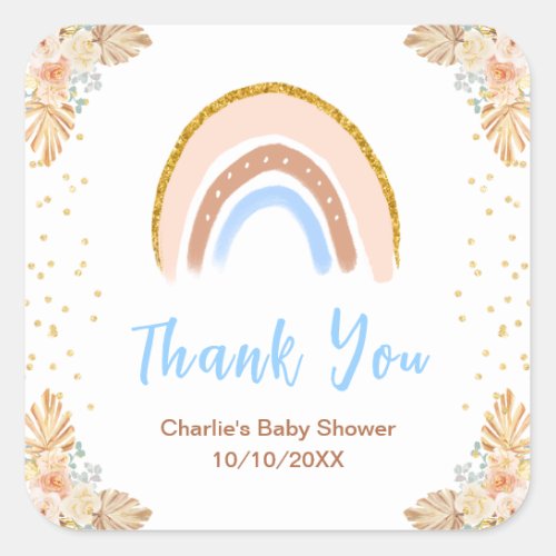 Boho Rainbow Blue Baby Shower Thank You Square Sticker