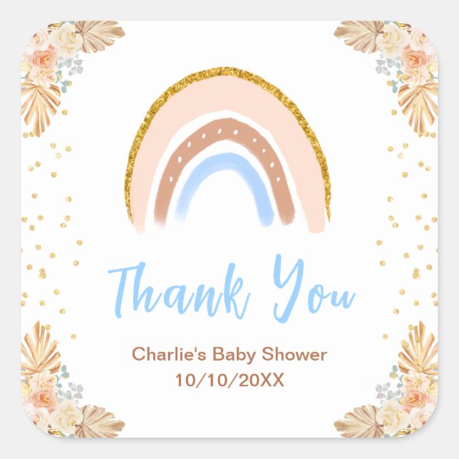 Boho Rainbow Blue Baby Shower Thank You Square Sticker (Front)