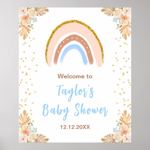 Boho Rainbow Blue Baby Shower Welcome Poster