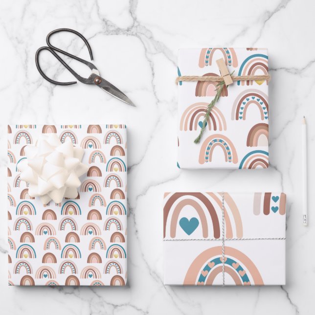 Boho Rainbow Blue Blush Gold Hearts Wrapping Paper Sheets (Front)