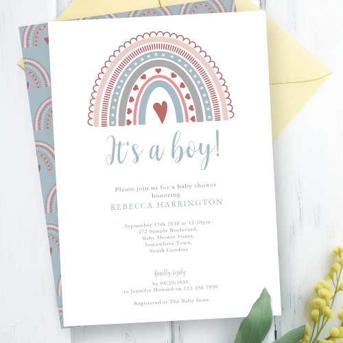 Boho Rainbow Blue Boy Baby Shower Invitation