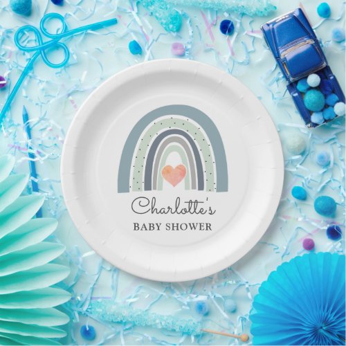 Boho Rainbow Blue Boy Baby Shower Paper Plates