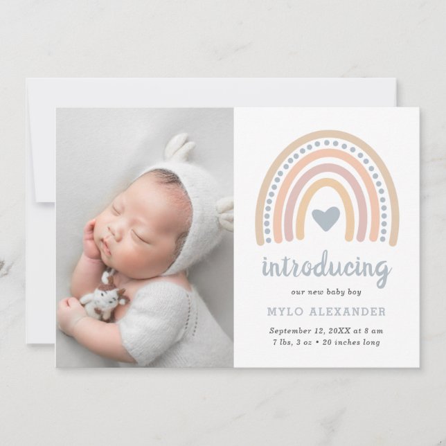 Boho Rainbow Blue Heart Cute Baby Boy Photo Birth Announcement (Front)