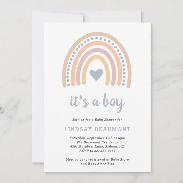 Boho Rainbow Blue Heart Cute Boy Baby Shower Invitation (Front)