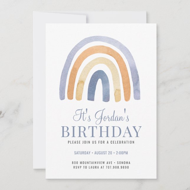 Boho Rainbow Blue Kid's Birthday Party Invitation (Front)