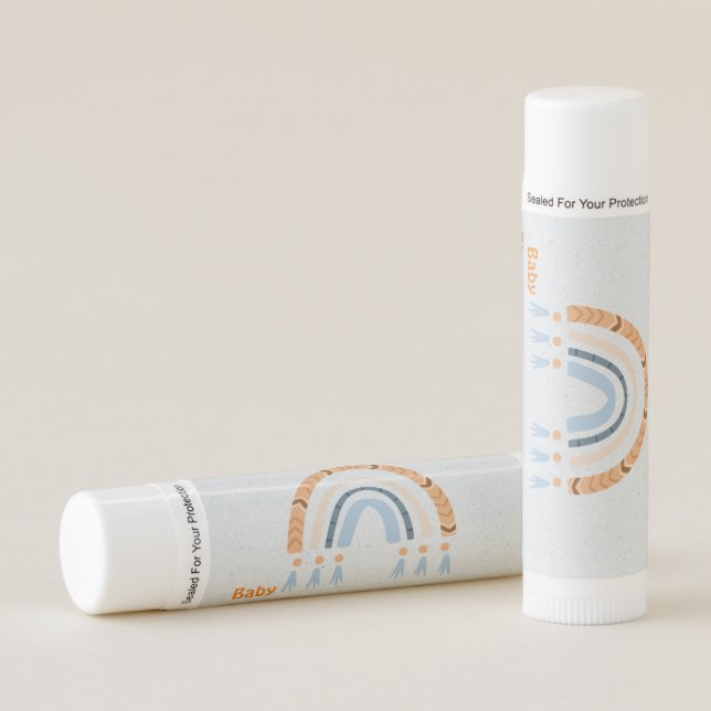 Boho Rainbow Blue Kraft Boy Baby Shower  Lip Balm (Front)
