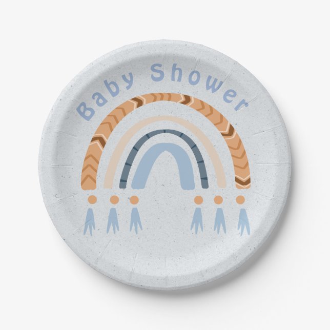 Boho Rainbow Blue Kraft Boy Baby Shower  Paper Plates (Front)