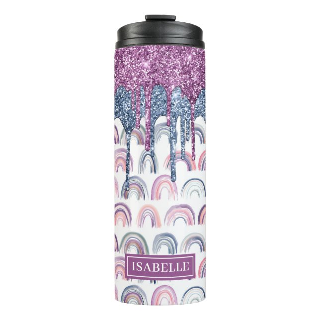 Boho Rainbow Blue Pink Glitter Drip Thermal Tumbler (Front)
