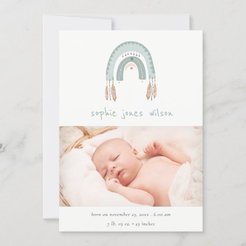 Boho Rainbow Blue Script Photo Birth Announcement